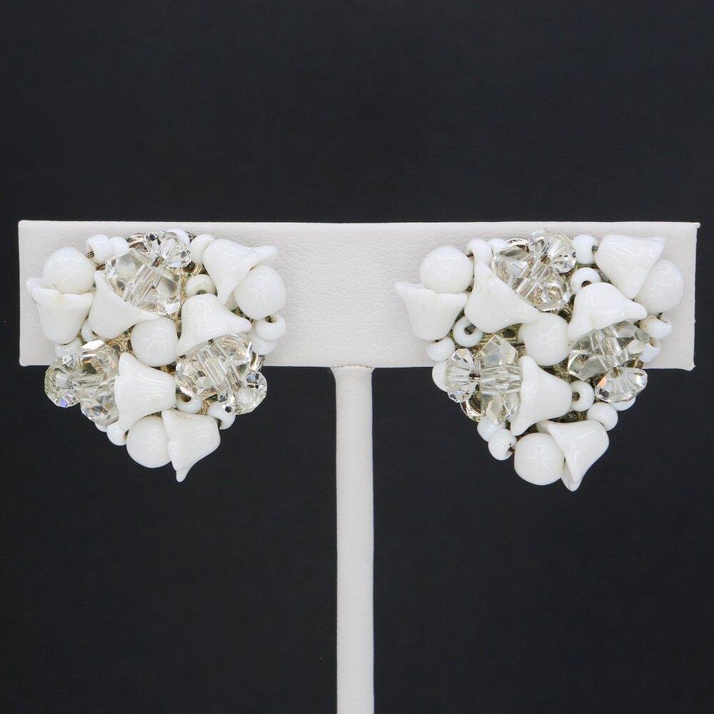 Vintage Miriam Haskell Crystal and White Milk Glass‎ Bellflower Clip On Earrings